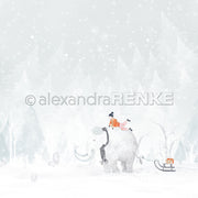 Ein Mädchen und ihr Elefant, inspiriert von Alexandra Renke, wandern mit einem Schlitten voller Geschenke durch einen verschneiten, sternenklaren Wald.