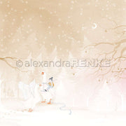 Ein Kind reitet auf einer Gans, während eine andere Gans in der Nähe in einem verschneiten, magischen Wald unter einem Sternenhimmel spazieren geht - eine skurrile Szene auf dem Designpapier von Alexandra Renke, ideal für kreative Papierprojekte.