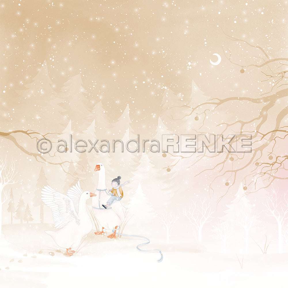 Ein Kind reitet auf einer Gans, während eine andere Gans in der Nähe in einem verschneiten, magischen Wald unter einem Sternenhimmel spazieren geht - eine skurrile Szene auf dem Designpapier von Alexandra Renke, ideal für kreative Papierprojekte.
