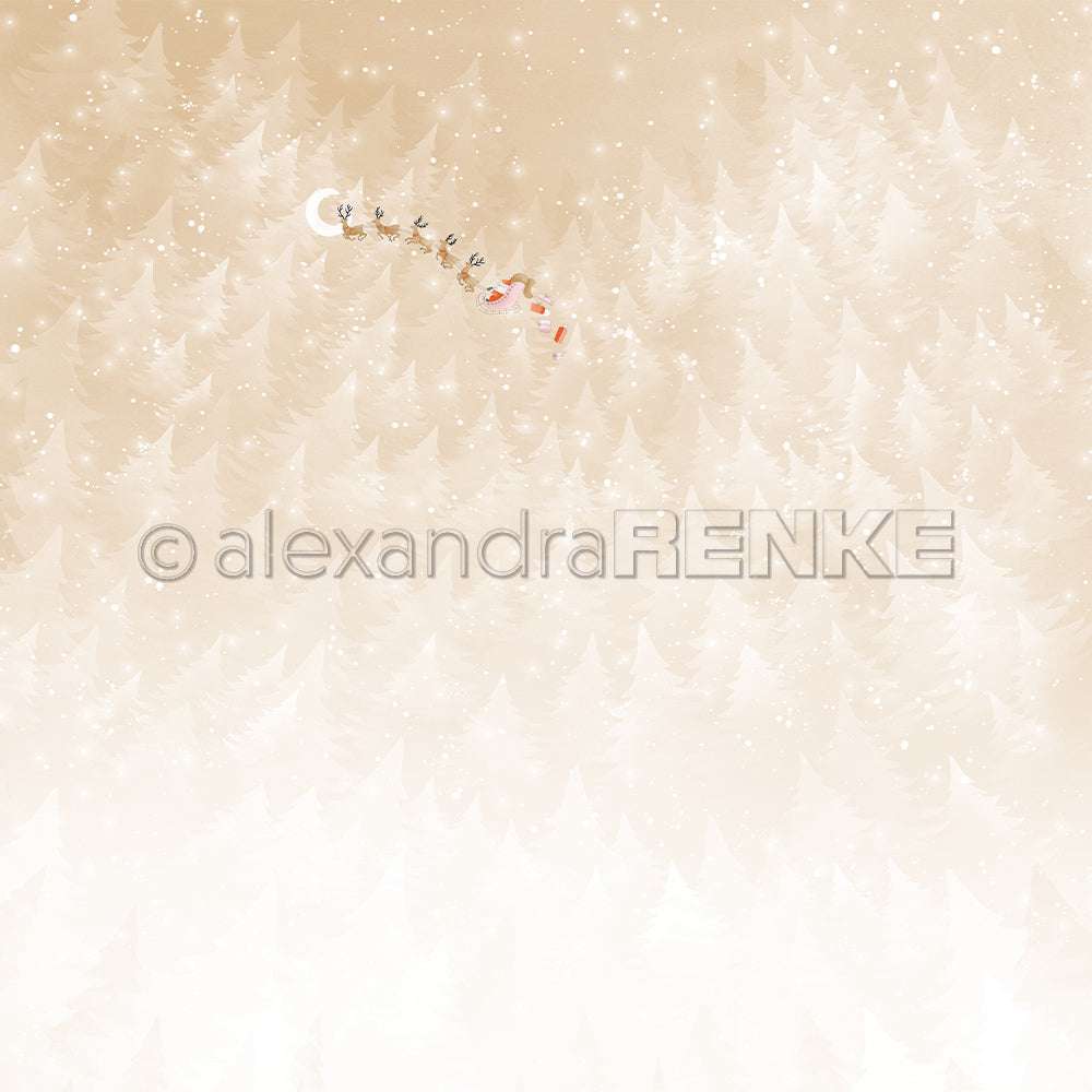 Der Weihnachtsmann und seine Rentiere fliegen über einen verschneiten Winterwald, einen beigen Wald unter den Sternen - die ideale Inspiration für festliches Designpapier und zauberhafte Papierprojekte von Alexandra Renke.