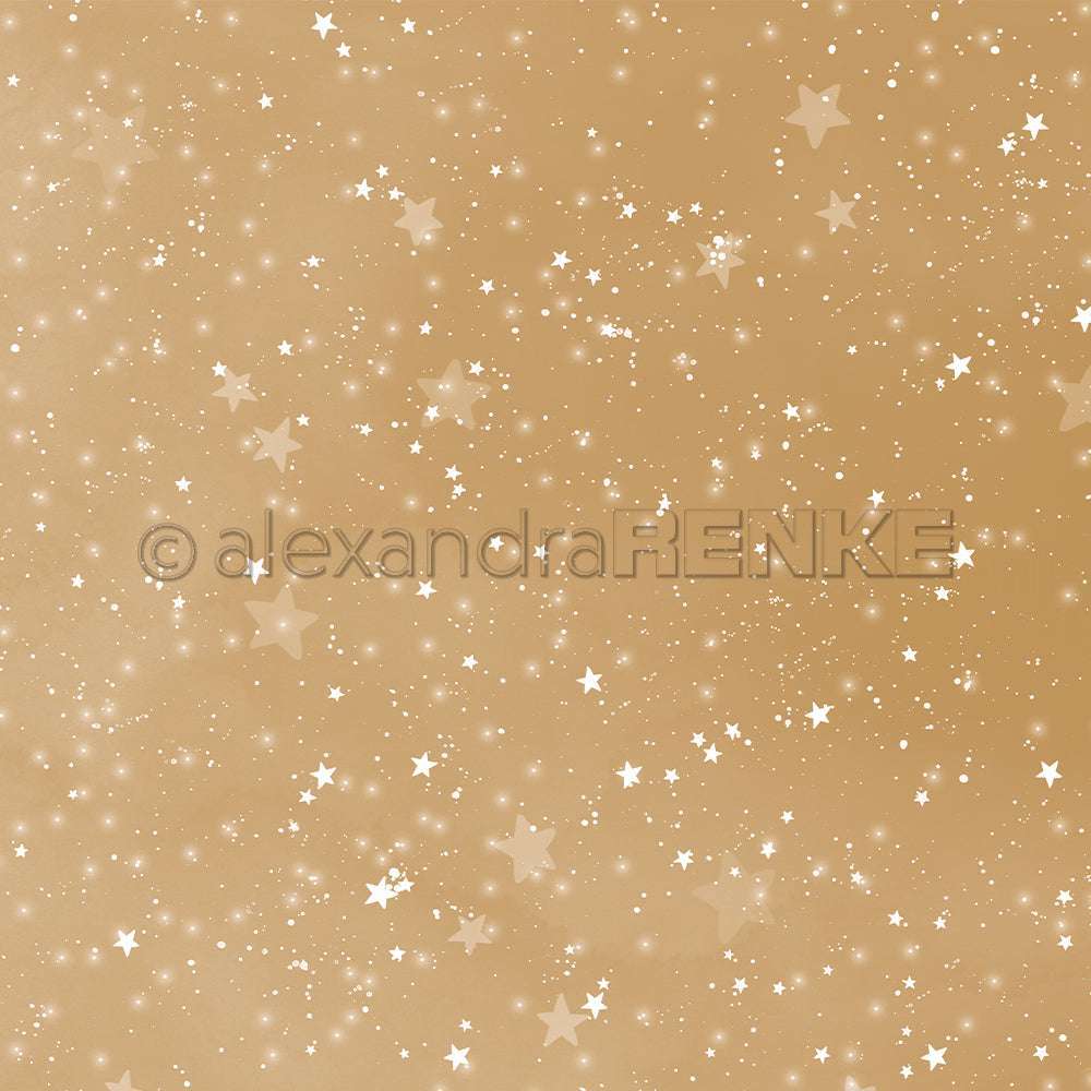 Goldener Hintergrund mit verstreuten weiß leuchtenden Sternen und Glitzern für einen magischen, verträumten Effekt-perfektes Designpapier inspiriert von Aquarell-Sternenhimmel von Alexandra Renke, ideal für Papierprojekte.