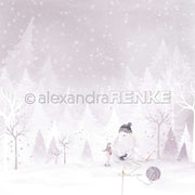 Ein Mädchen und ein großer Hase stricken in einem verschneiten, pastellfarbenen Wald unter einem Sternenhimmel - eine bezaubernde Szene aus Alexandra Renkes Designpapier Hase Winter-Freundschaft, ideal für Papierprojekte und winterliches Designpapier Basteln.