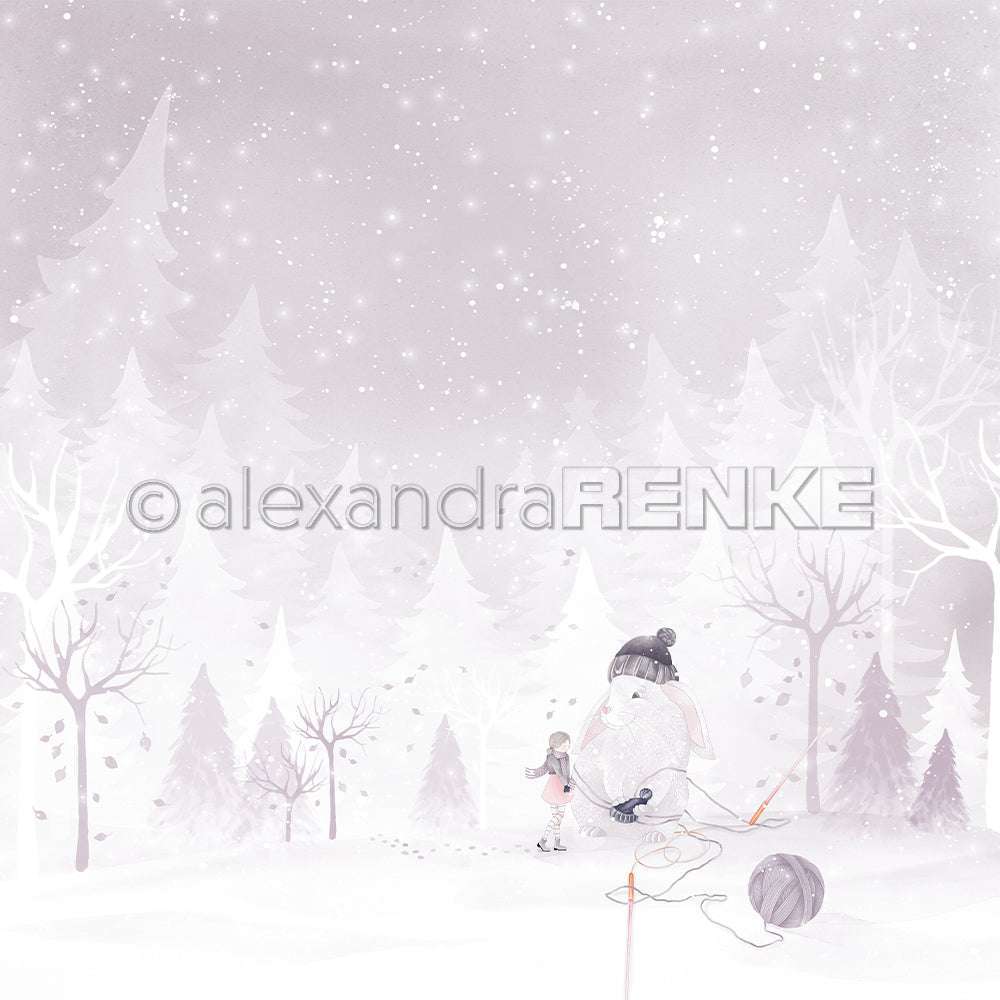 Ein Mädchen und ein großer Hase stricken in einem verschneiten, pastellfarbenen Wald unter einem Sternenhimmel - eine bezaubernde Szene aus Alexandra Renkes Designpapier Hase Winter-Freundschaft, ideal für Papierprojekte und winterliches Designpapier Basteln.
