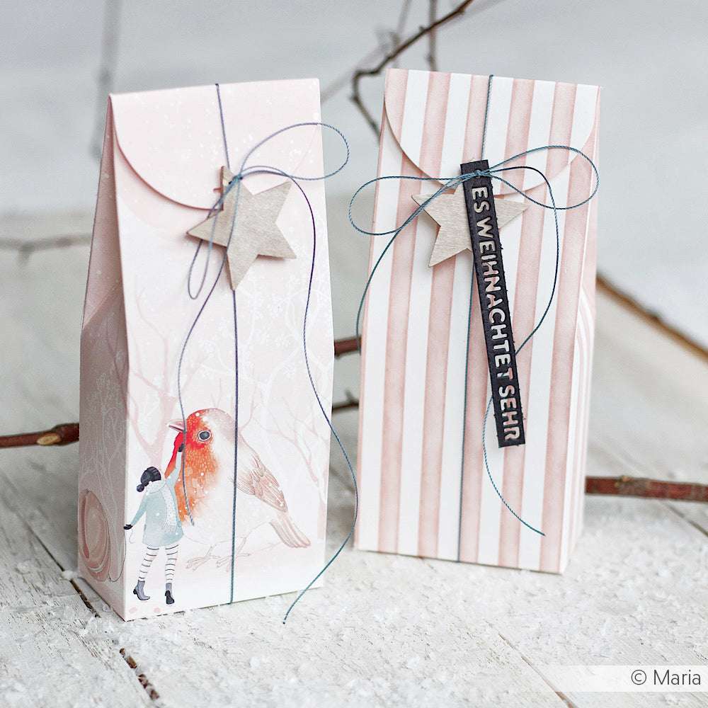 Zwei pastellfarbene Alexandra Renke Geschenktüten: eine mit einem Rotkehlchen-Winter-Freundschaft-Vogel- und -Mädchen-Motiv, die andere gestreift aus Designpapier mit einem Sternanhänger. Beide sind mit Kordelbögen versehen - ideal für charmante Papierprojekte.