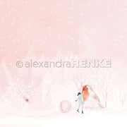 Ein Mädchen in Winterkleidung steht neben einem großen Vogel in einem verschneiten, pastellrosa Wald mit kahlen Bäumen und fängt den magischen Charme von Alexandra Renkes Papierprojekte Designpapier ein.