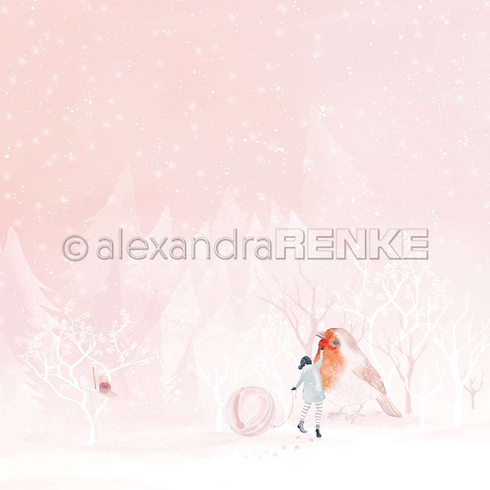 Ein Mädchen in Winterkleidung steht neben einem großen Vogel in einem verschneiten, pastellrosa Wald mit kahlen Bäumen und fängt den magischen Charme von Alexandra Renkes Papierprojekte Designpapier ein.