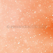 Orangefarbener Hintergrund mit verstreuten weißen Sternen und Glitzern erzeugt einen verträumten, magischen Effekt - perfektes Designpapier für Karten und Bastelarbeiten von Alexandra Renke.