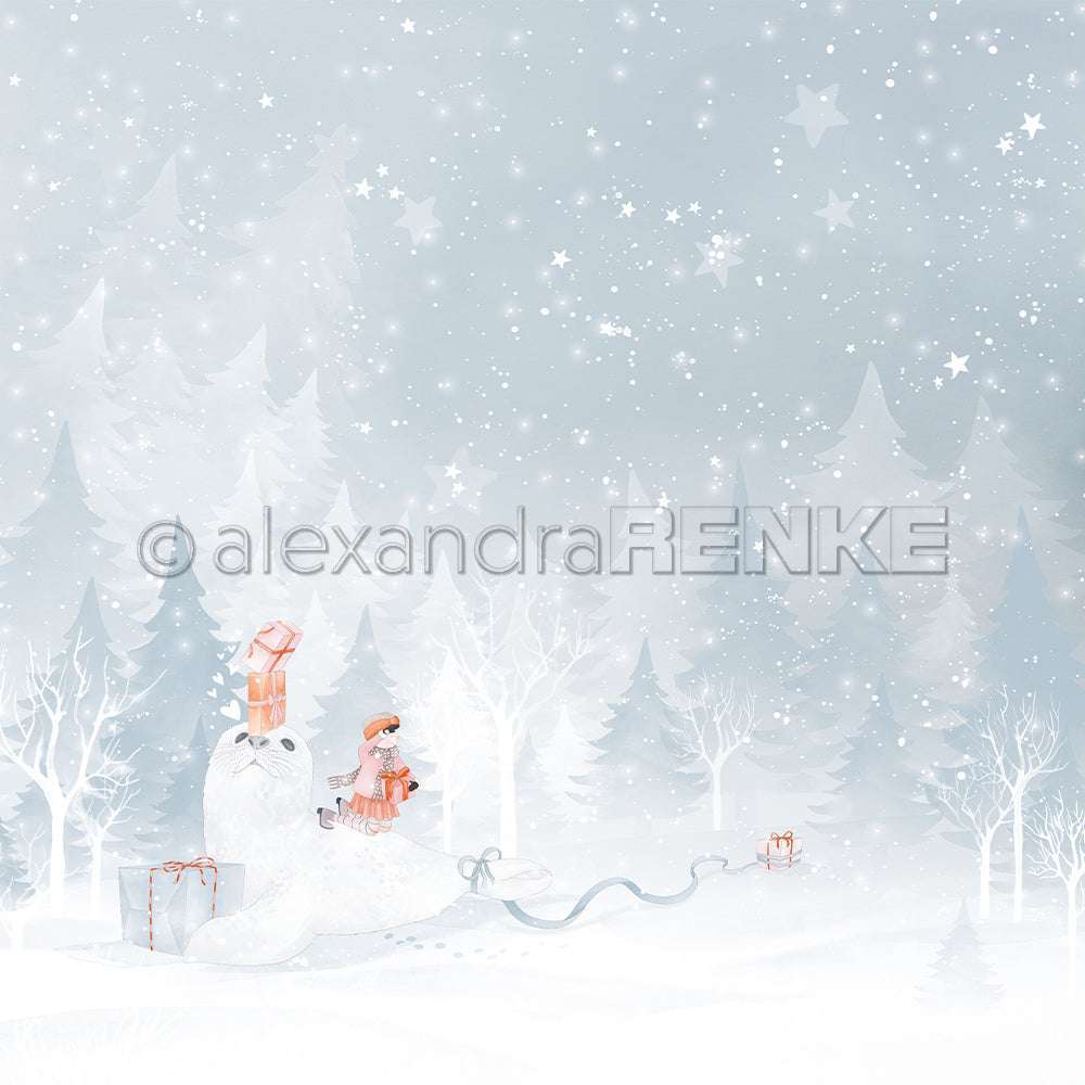Ein Mädchen in Winterkleidung reitet auf einem Seehund mit Geschenken, umgeben von verschneiten Bäumen und fallendem Schnee - perfekt für Designpapier oder charmante Papierprojekte von Alexandra Renke.