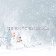 Ein Mädchen in Winterkleidung reitet auf einem Seehund mit Geschenken, umgeben von verschneiten Bäumen und fallendem Schnee - perfekt für Designpapier oder charmante Papierprojekte von Alexandra Renke.