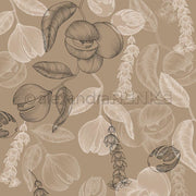 Nahtloses Muster aus handgezeichneten Blumen und Blättern in Braun und Beige auf Hellbraun, perfekt für Muskat Floral oder Designpapier Projekte in Buchbinderei von Alexandra Renke.