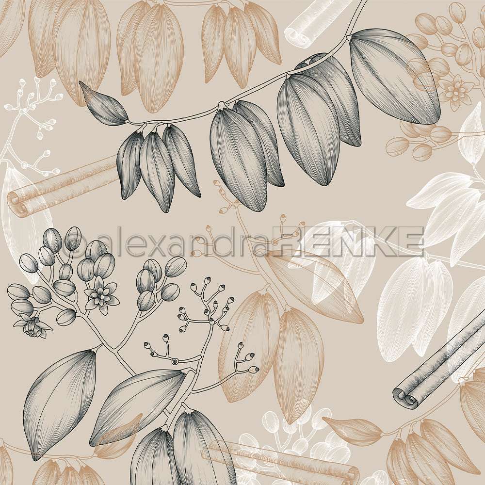 Nahtloses Muster aus handgezeichneten botanischen Blättern, Blüten und Zimtstangen auf beigefarbenem Alexandra Renke Designpapier für Buchbinderei oder kreative Papierprojekte.