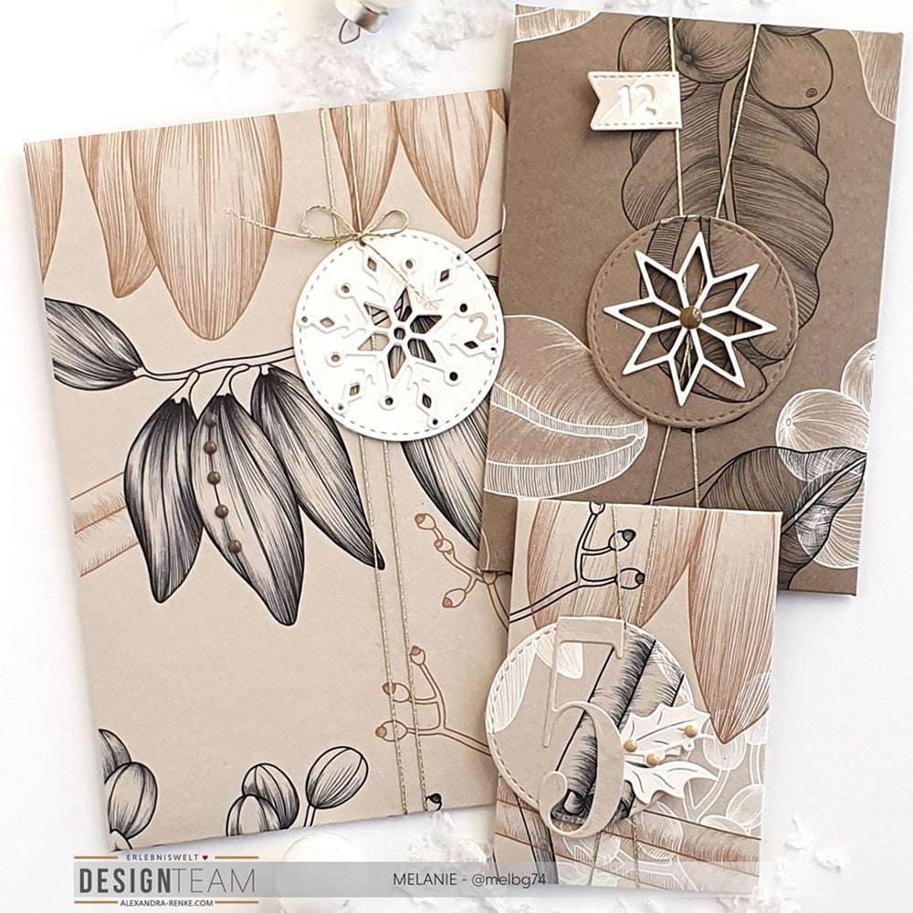 Drei naturbezogene Karten von Alexandra Renke mit neutralen Pflanzen, goldenen Schnüren und Sternenornamenten auf weißem Untergrund - ideal für Papierprojekte oder zur Akzentuierung mit Anis Floral und Würzig Greige Designpapier.