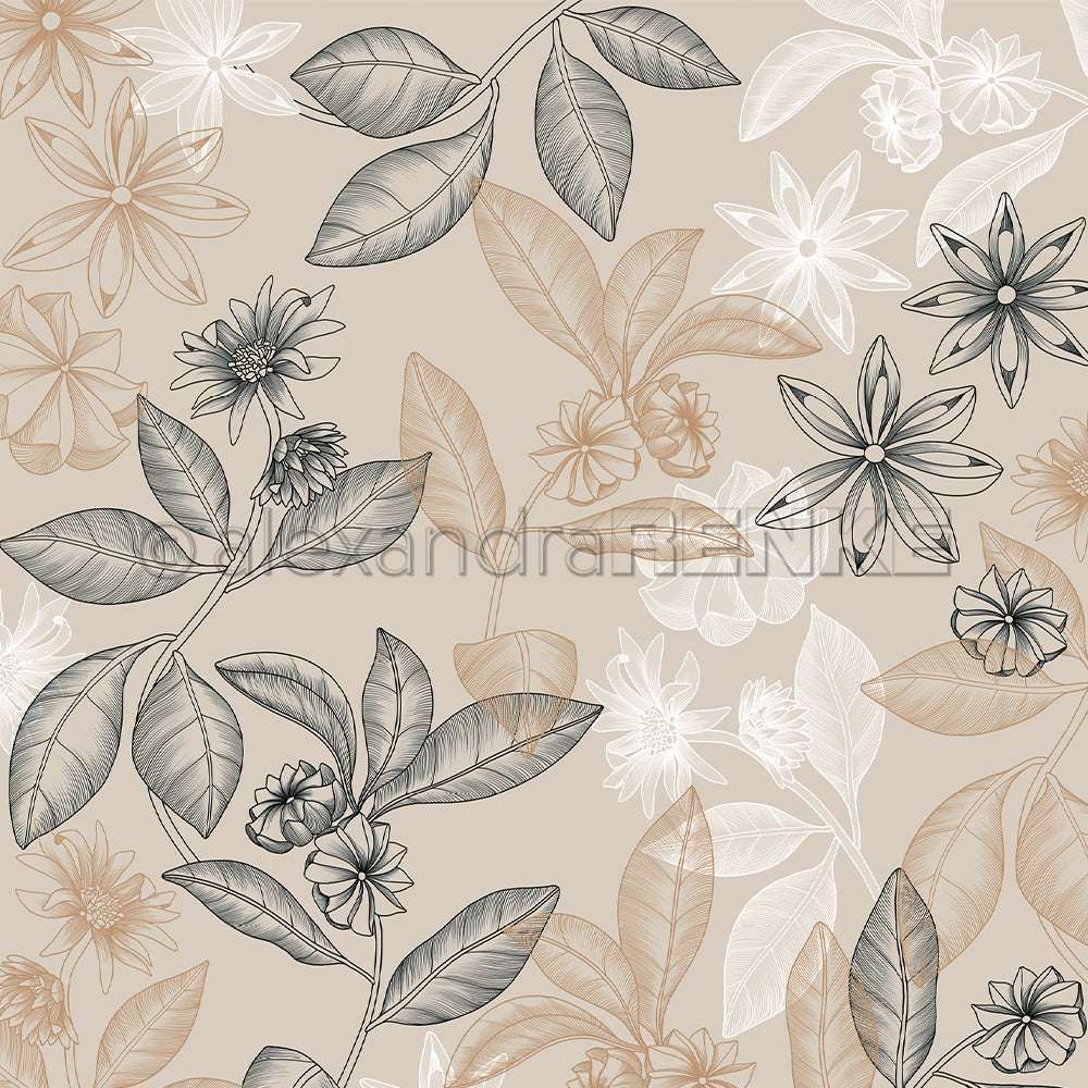 Nahtloses florales Muster mit detaillierten Blättern und Blüten in Beige, Creme und Schwarz auf hellbraunem Hintergrund von Alexandra Renke - ideal für Designpapier oder Papierprojekte wie Buchbinderei.