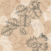 Beigefarbener Hintergrund mit skizzierten Haselnüssen, Blättern und Blumen in braunen und weißen Umrissen - Alexandra Renke Designpapier ideal für Papierprojekte oder zum Basteln von charmanten Grußkarten.