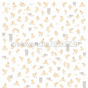 Alexandra Renke Designpapier mit einem Muster aus kleinen gelben Küken und gestapelten Metalleimern auf Weiß - ideal für Grußkarten und kreative Papierprojekte.