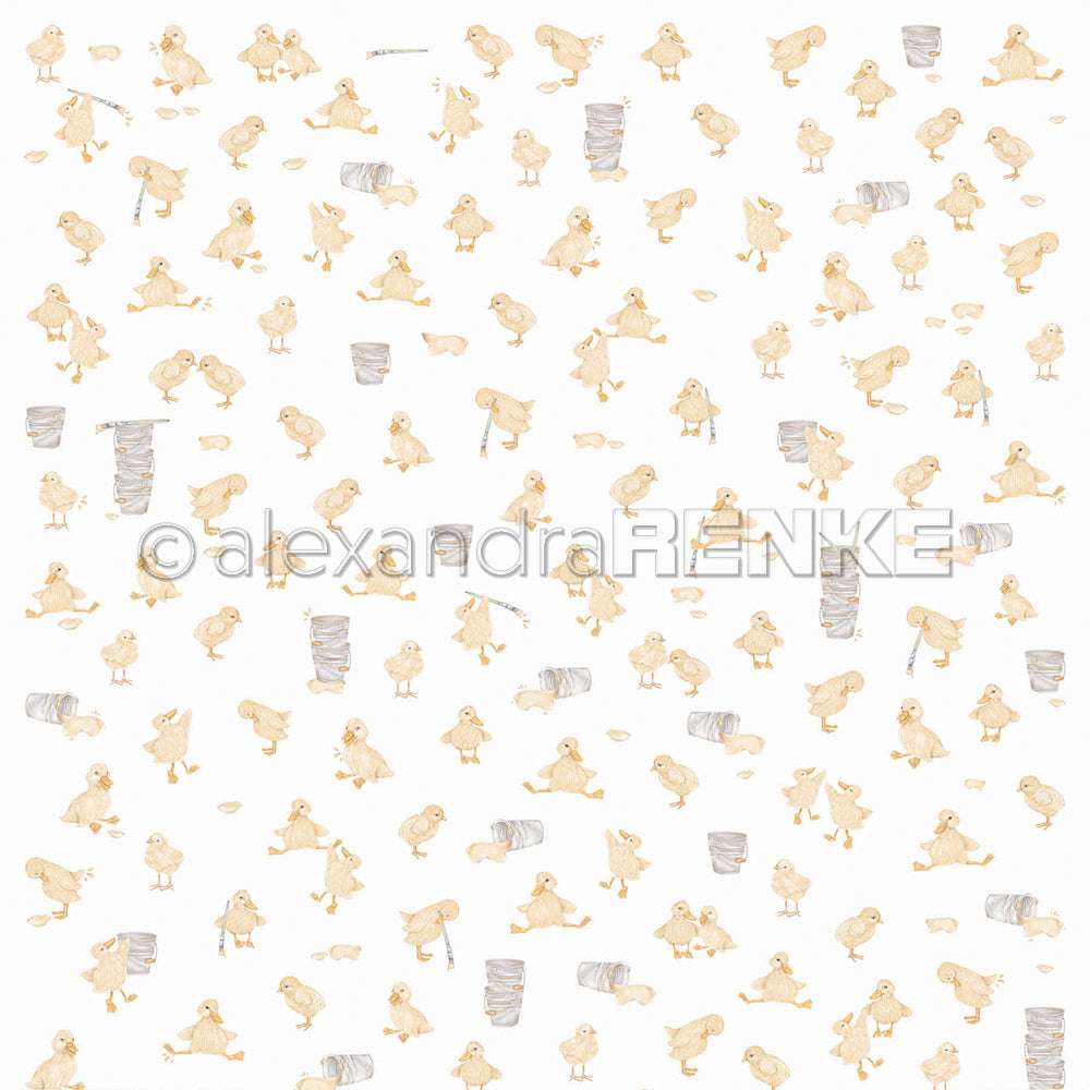 Alexandra Renke Designpapier mit einem Muster aus kleinen gelben Küken und gestapelten Metalleimern auf Weiß - ideal für Grußkarten und kreative Papierprojekte.