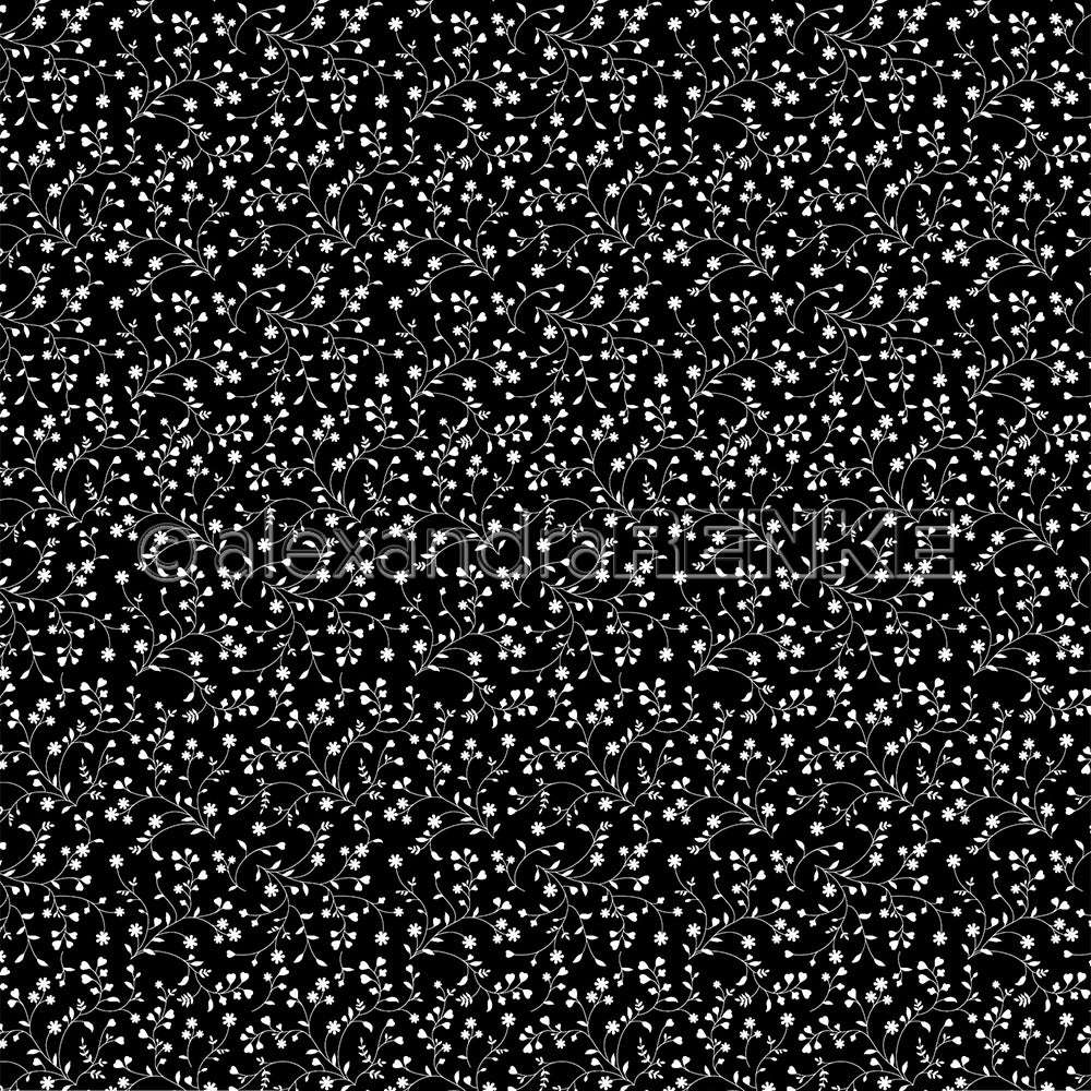 Nahtloser schwarzer Hintergrund mit einem weißen Blümchenranke-Muster von Alexandra Renke, das ein elegantes, verschlungenes Designpapier ideal für Papierprojekte schafft.