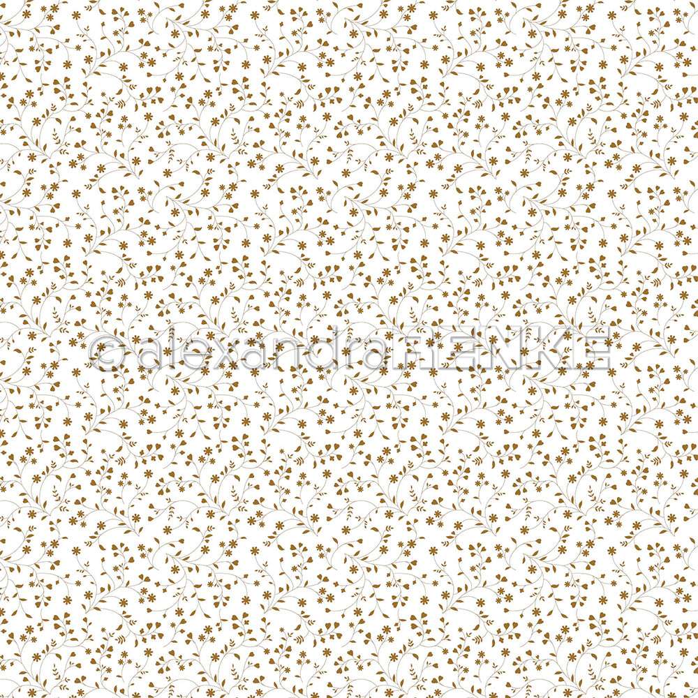 Elegantes Designpapier von Alexandra Renke mit einem goldenen Blumenmuster mit zarten Blüten und Blättern auf Weiß - ideal für exquisite Papierprojekte.
