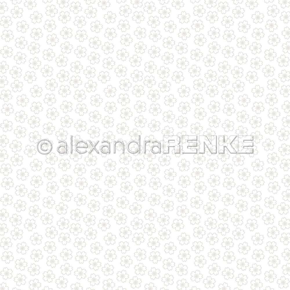 Nahtloses Muster aus kleinen, einfach konturierten Blumen in gleichmäßigen Abständen auf weißem Hintergrund - perfekt für Grußkarten und Designpapier von Alexandra Renke.