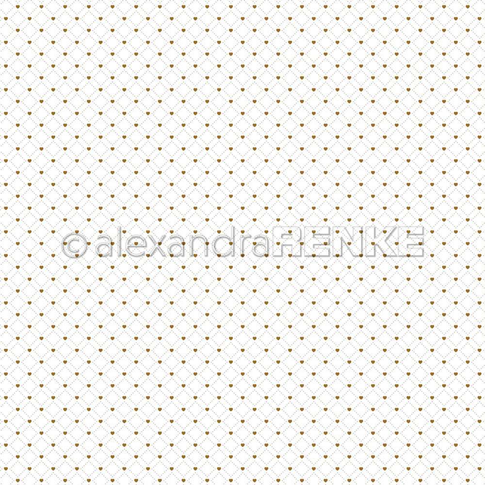 Weißer Hintergrund mit einem Raster aus dünnen goldenen diagonalen Linien und kleinen goldenen Punkten an den Kreuzungspunkten - perfektes Designpapier von Alexandra Renke für elegante Papierprojekte oder Buchbinderei.