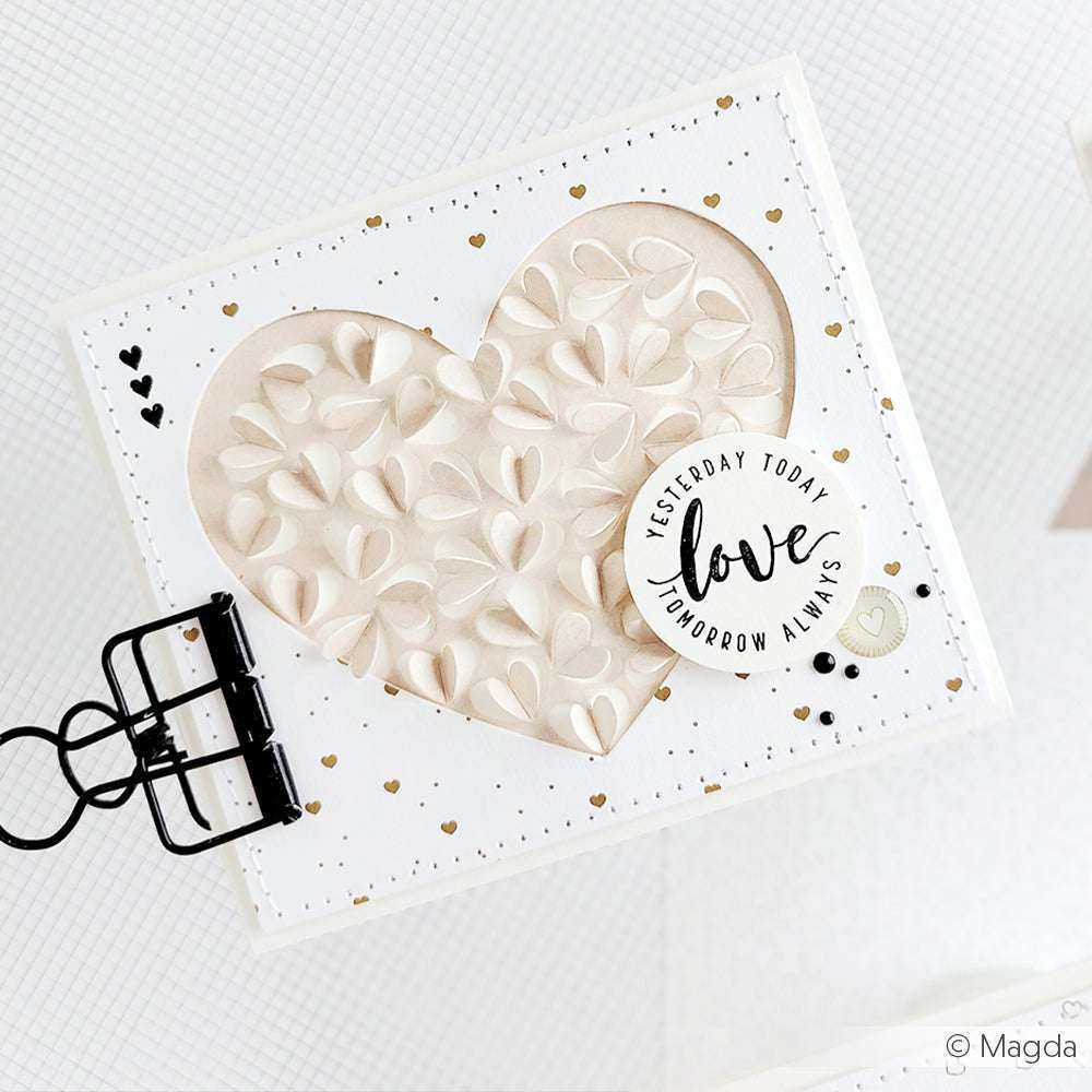 Handgefertigte Grußkarten von Alexandra Renke mit 3D-Herz, Goldakzenten und der Botschaft "Liebe gestern heute morgen immer" - ideal für Papierprojekte und aus hochwertigem Designpapier.