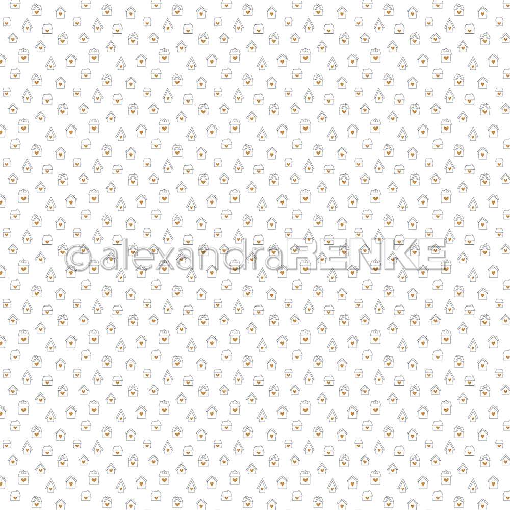 Nahtloses Muster aus kleinen, schlichten Haus- und Herzsymbolen auf Weiß - perfektes Alexandra Renke Designpapier für Papierprojekte oder Buchbinderei.