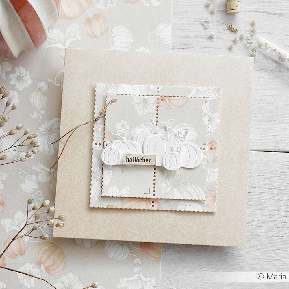 Quadratische Grußkarte von Alexandra Renke mit weißen Kürbissen, goldener Schnur und "Hallöchen" auf herbstlichem Designpapier - ideal für Papierprojekte und kreative Buchbinderei.
