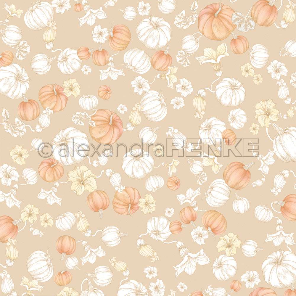 Ein Muster aus orangefarbenen und weißen Kürbissen mit Blättern auf Beige, perfekt für herbstliches Designpapier oder Papierprojekte von Alexandra Renke.