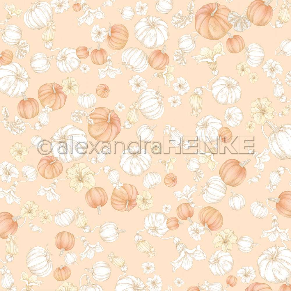 Nahtloses Muster aus weißen und orangefarbenen Kürbissen mit gelben Blüten auf pfirsichfarbenem Hintergrund von Alexandra Renke - perfekt für Grußkarten oder kreative Papierprojekte.