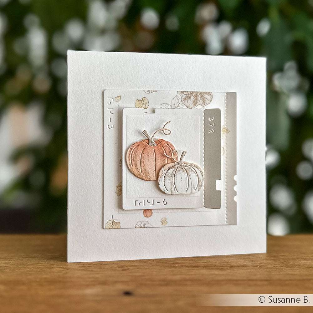 Handgefertigte Karte von Alexandra Renke mit zwei geschichteten Kürbissen, einem orangefarbenen und einem weißen, auf einem weißen, quadratischen Hintergrund - ideal für herbstliche Papierbasteleien oder zur Kombination mit Ihrem Lieblingsdesignpapier.