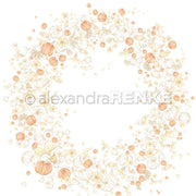 Ein Kranz aus orange- und cremefarbenen Kürbissen, Herbstblättern und Ranken auf weißem Hintergrund von Alexandra Renke - ideal für Papierprojekte oder als saisonales Designpapier-Motiv.