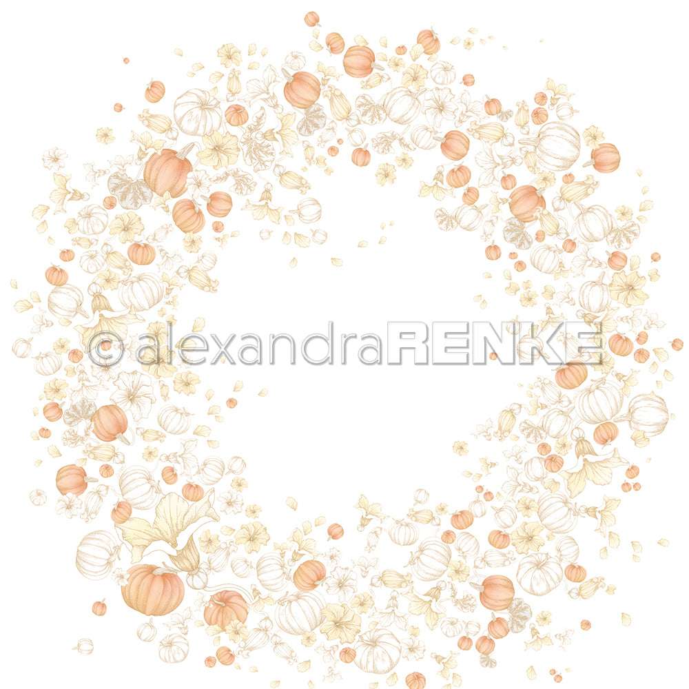 Ein Kranz aus orange- und cremefarbenen Kürbissen, Herbstblättern und Ranken auf weißem Hintergrund von Alexandra Renke - ideal für Papierprojekte oder als saisonales Designpapier-Motiv.