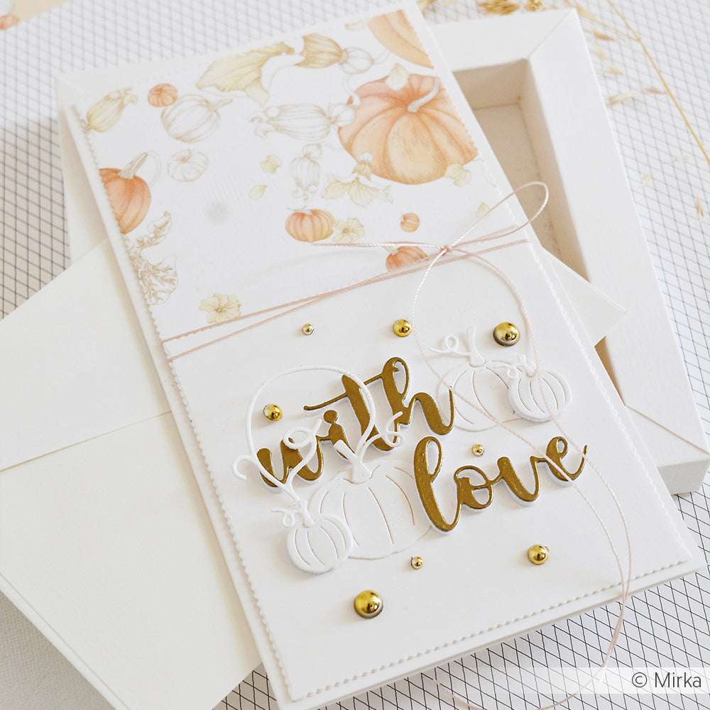 Elegante Grußkarte von Alexandra Renke mit "With Love" in Goldschrift, Kürbismotiven und Goldperlen auf hochwertigem Designpapier - ideal für Ihre Papierprojekte. Abgebildet auf einer offenen Schachtel.