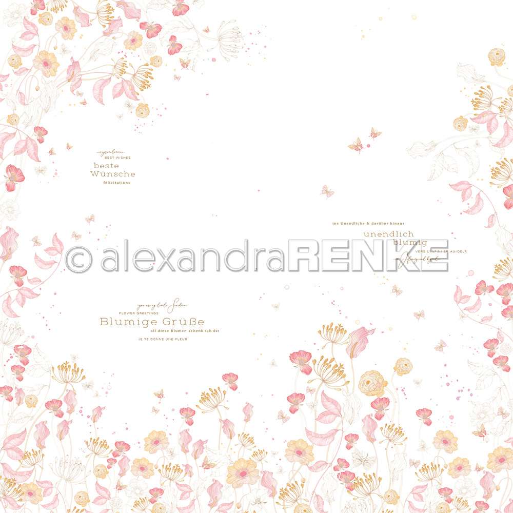 Zarte rosa und gelbe Blumen umrahmen einen weißen Hintergrund mit deutschem Text, kleinen Schmetterlingen und charmanten Akzenten - perfekt für Papierprojekte oder einzigartige Grußkarten von Alexandra Renke.