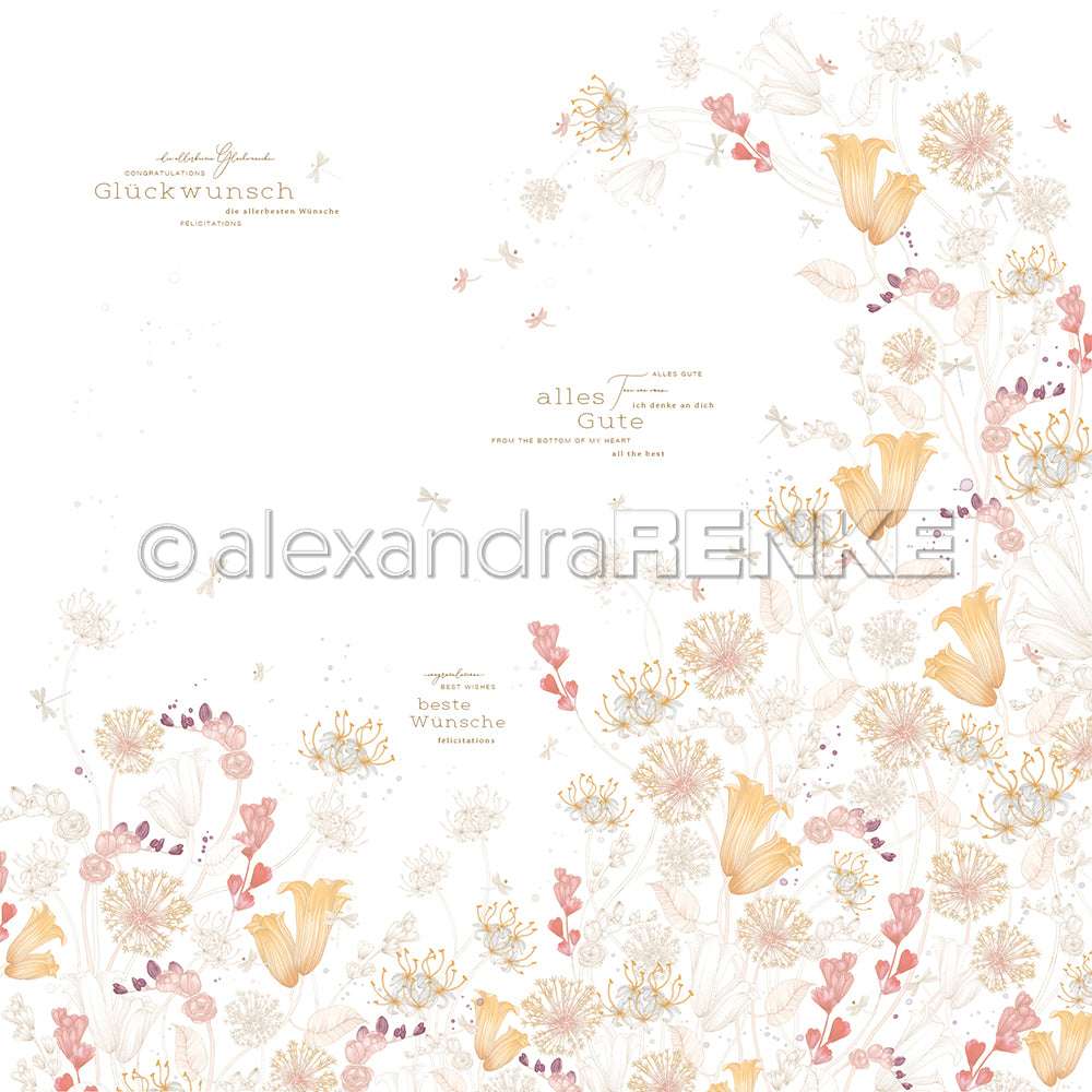 Florale Bordüre mit zarten gelben, rosa und weißen Blumen von Alexandra Renke, perfekt für Grußkarten oder Designpapier, mit deutschem Glückwunschtext auf weißem Hintergrund.