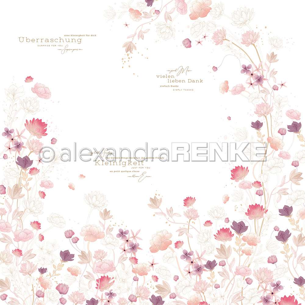 Zarte rosa und lilafarbene Blumenbordüre mit deutschem Text und weißer Mitte - perfekt für die Buchbinderei oder um Ihren Papierprojekten Eleganz zu verleihen. Von Alexandra Renke.