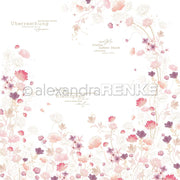 Zarte rosa und lilafarbene Blumenbordüre mit deutschem Text und weißer Mitte - perfekt für die Buchbinderei oder um Ihren Papierprojekten Eleganz zu verleihen. Von Alexandra Renke.