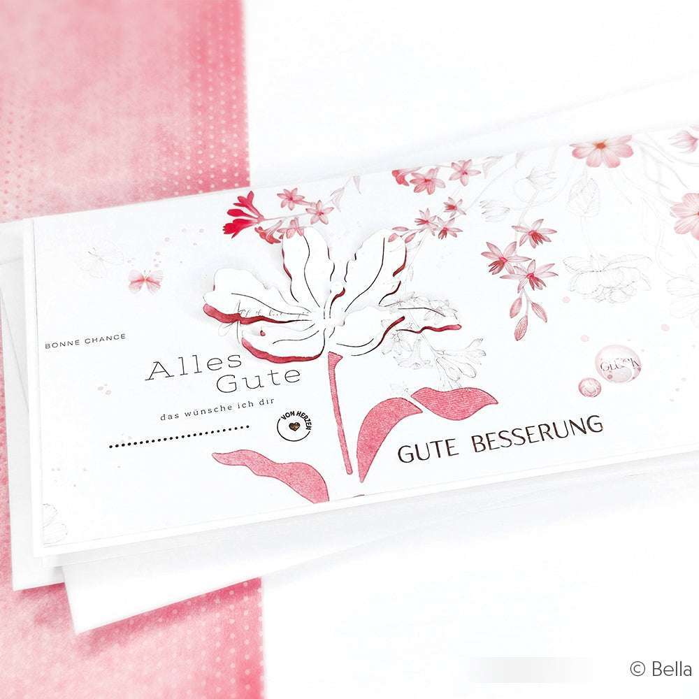 Alexandra Renke Grußkarte mit rosafarbenem Blumenmuster auf hochwertigem Designpapier, mit deutschem Text, der Gesundheit und Wohlbefinden wünscht.