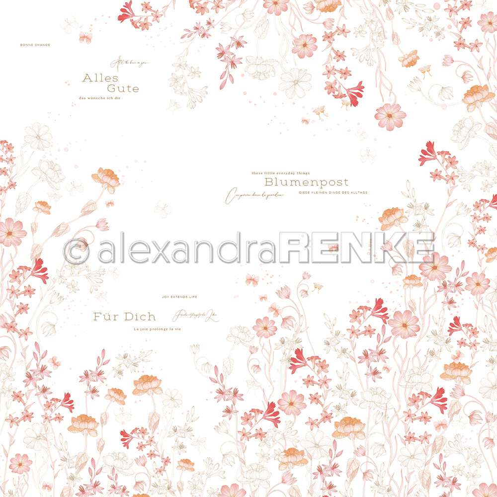 Zartes rosa und orangefarbenes Blumenmuster mit deutschem Text auf weißem Designpapier von Alexandra Renke für Papierprojekte und Buchbinderei.
