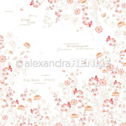 Zartes rosa und orangefarbenes Blumenmuster mit deutschem Text auf weißem Designpapier von Alexandra Renke für Papierprojekte und Buchbinderei.