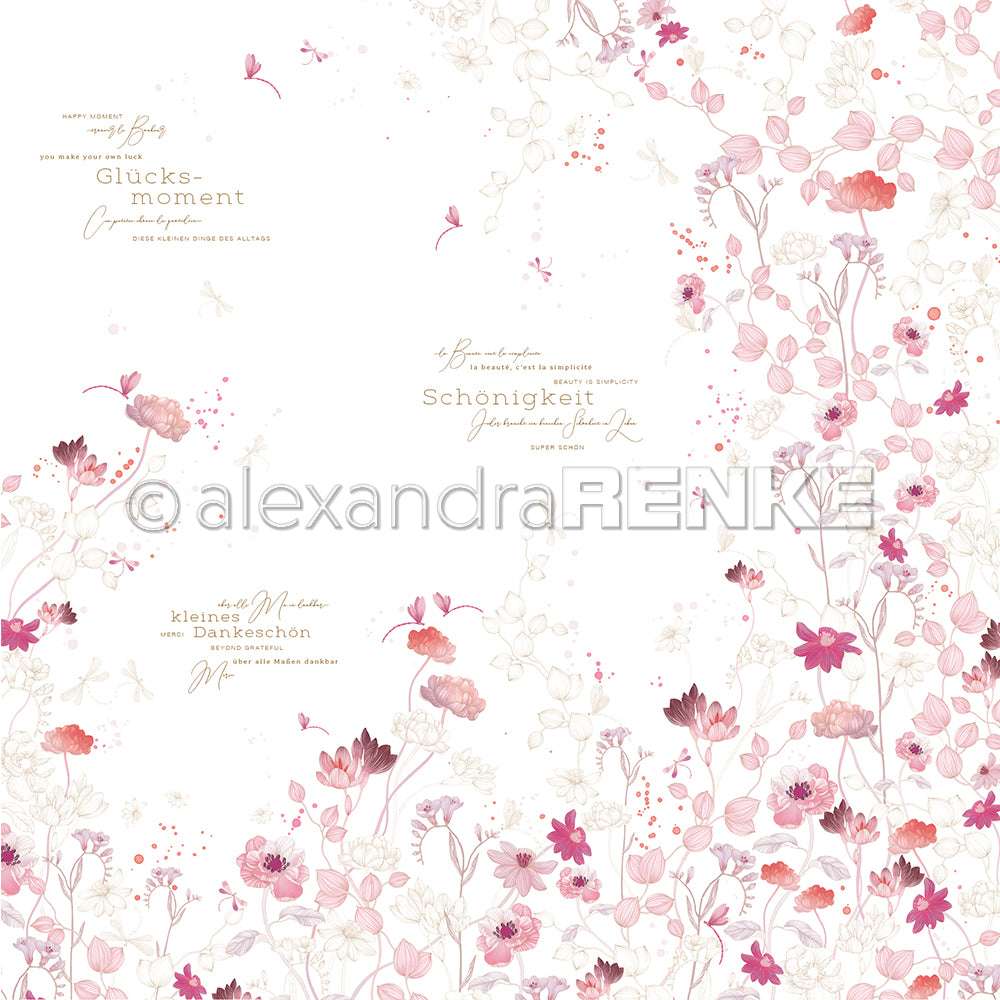 Rosa und weiße Aquarellblumen mit handgeschriebenem deutschen Text auf weißem Hintergrund von Alexandra Renke, perfekt für Papierprojekte oder als elegantes Designpapier für Buchbinderei.