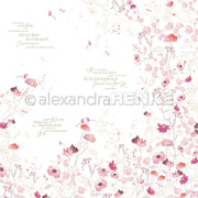 Rosa und weiße Aquarellblumen mit handgeschriebenem deutschen Text auf weißem Hintergrund von Alexandra Renke, perfekt für Papierprojekte oder als elegantes Designpapier für Buchbinderei.
