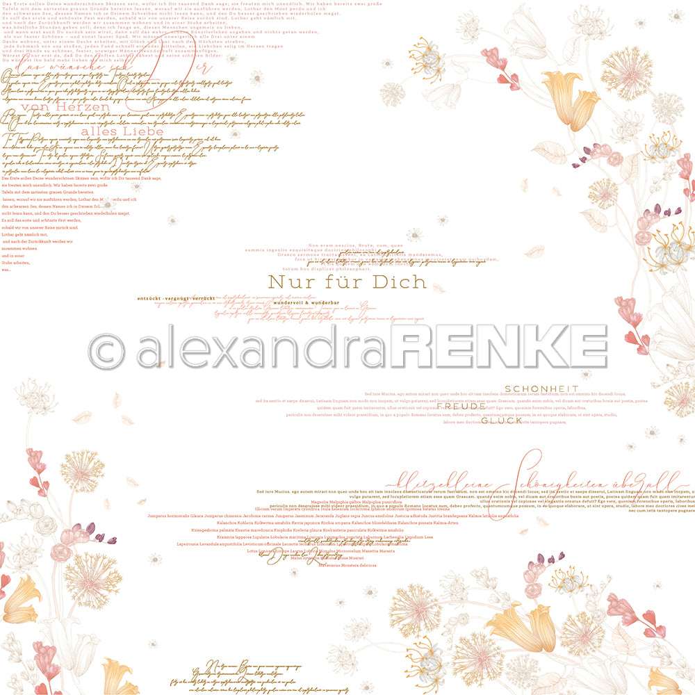 Zartes florales Muster mit dekorativem deutschen Text auf weißem Hintergrund von Alexandra Renke, ideal für Grußkarten oder einzigartige Papierprojekte.