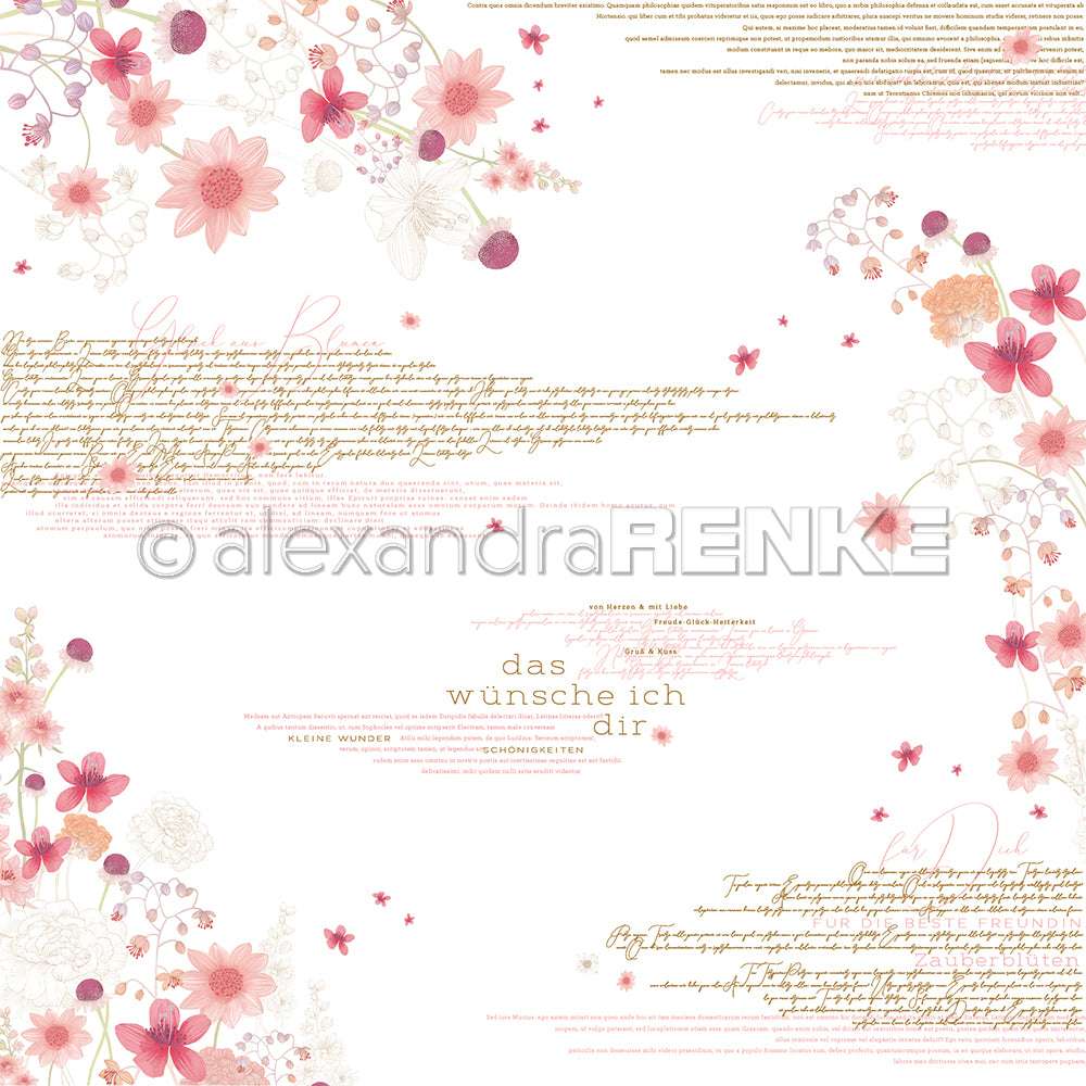 Rosa-weißes Blumenmuster mit Schmetterlingen, goldener Schreibschrift und deutschen Wörtern auf weißem Hintergrund von Alexandra Renke - ideal für Grußkarten oder andere Designpapier Papierprojekte.