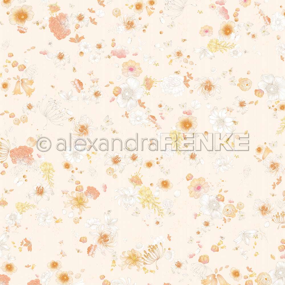 Zartes pastellfarbenes Blumenmuster mit verstreuten Blüten und Blättern auf einem hellbeigen Hintergrund von Alexandra Renke, perfekt für Karten oder kreative Papierprojekte.