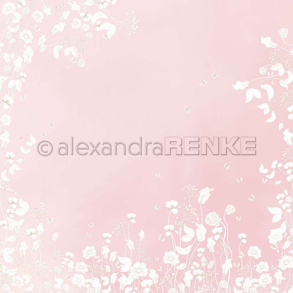 Zarte weiße Blumenbordüre auf einem zartrosa Designpapier-Hintergrund mit kleinen Schmetterlingen und Blättern - perfekt für Papierprojekte oder handgefertigte Grußkarten von Alexandra Renke.