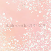 Weiße Blumen- und Schmetterlingsillustrationen auf einem zartrosa Farbverlaufshintergrund von Alexandra Renke, perfekt für Designpapier oder Papierprojekte wie Grußkarten.