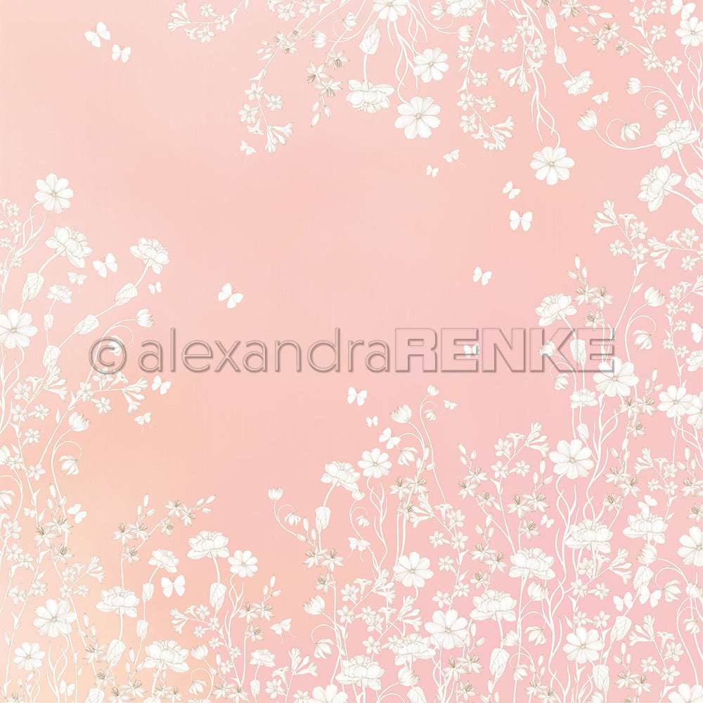 Weiße Blumen- und Schmetterlingsillustrationen auf einem zartrosa Farbverlaufshintergrund von Alexandra Renke, perfekt für Designpapier oder Papierprojekte wie Grußkarten.