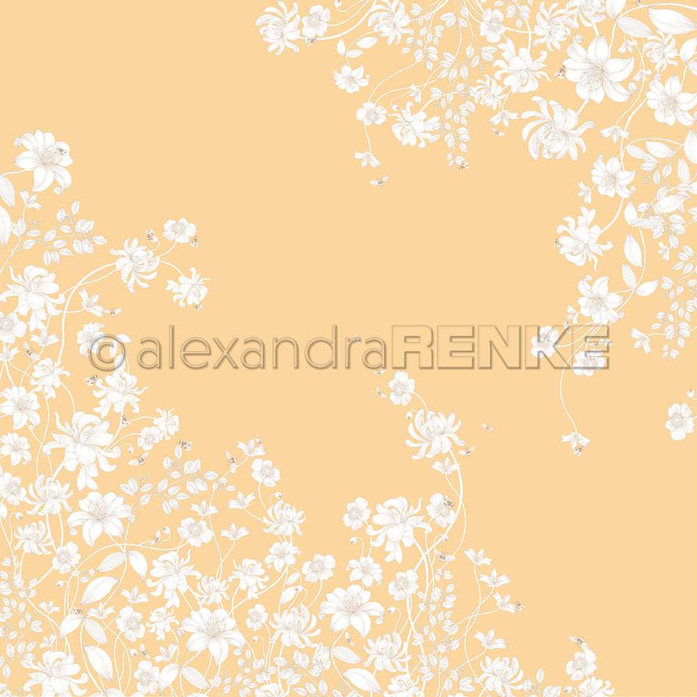 Zarter pfirsichfarbener Hintergrund mit weißen floralen Illustrationen in den Ecken von Alexandra Renke - ideales Designpapier für elegante Papierprojekte, mit einer anmutigen Weißen Blumenvariation und einer meist leeren Mitte.