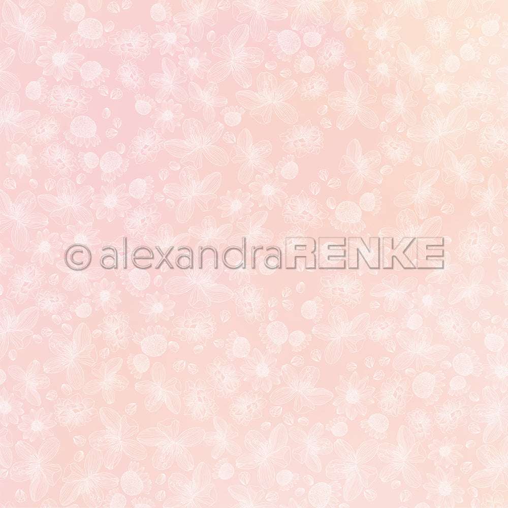 Hellrosa Designpapier von Alexandra Renke, mit zarten weißen Blumen- und Schmetterlingsmotiven. Das zarte Muster eignet sich perfekt für Grußkarten oder Buchbinderei-Projekte und verleiht ihnen eine elegante, subtile Note.